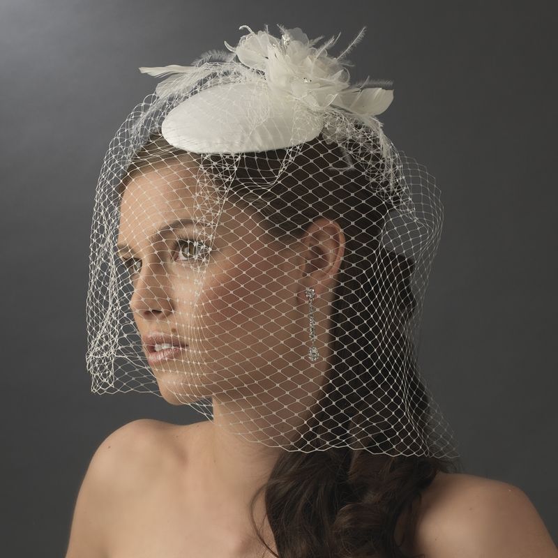 Vintage Bridal Hat w/ Bird Cage Face Veil &amp; Flower Adornment