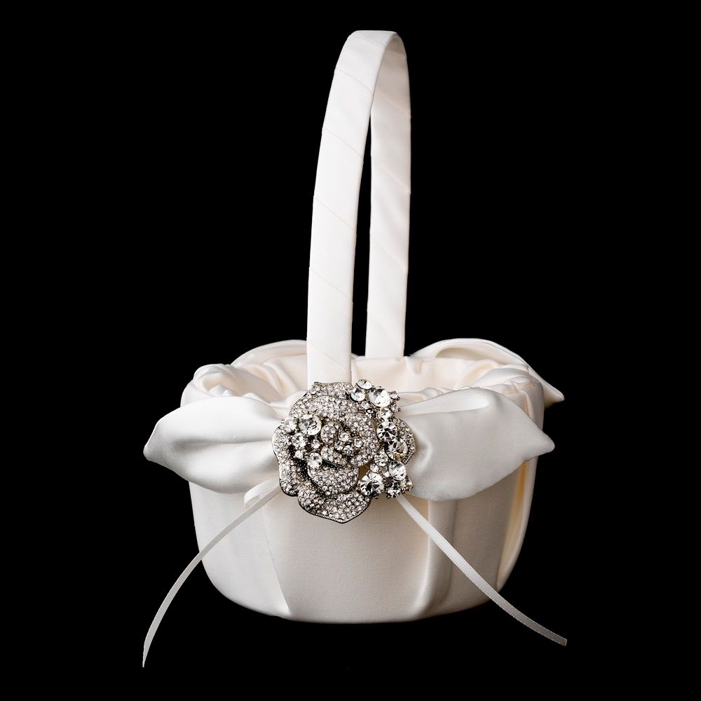 Flower Girl Basket with Crystal &amp; Rhinestone Flower Brooch