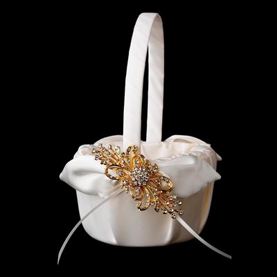 Flower Girl Basket with Silver/Gold Rhinestone Ribbon Brooch