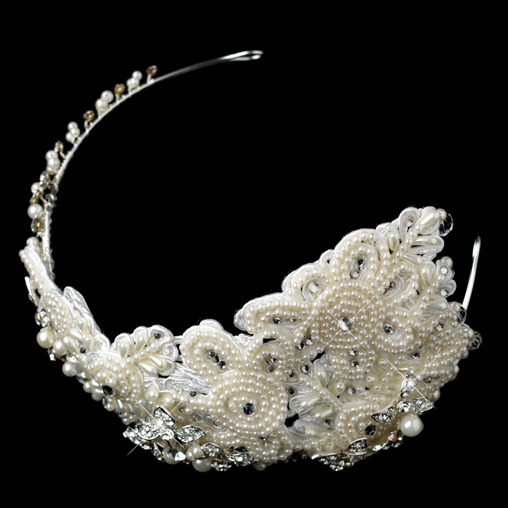 Vintage Pearl &amp; Rhinestone Contoured Headband Russian Tulle