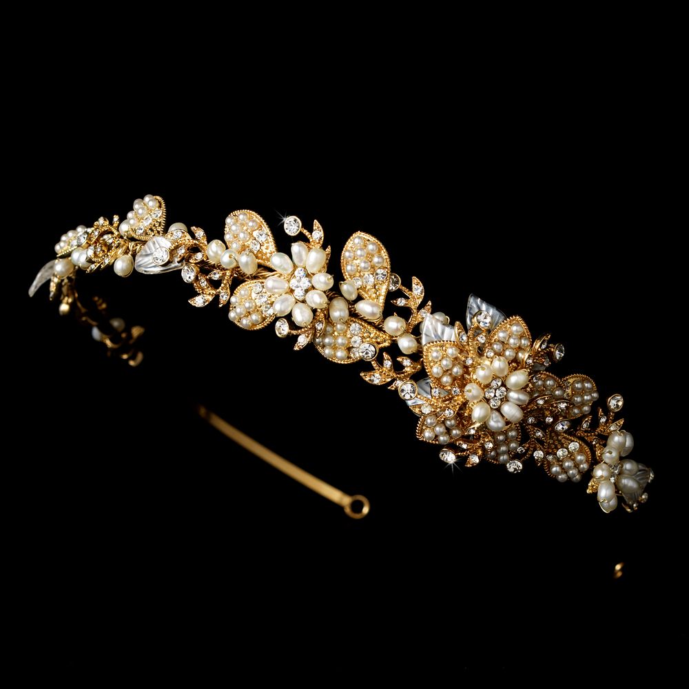 Headpiece Gold Clear White Potato Pearl