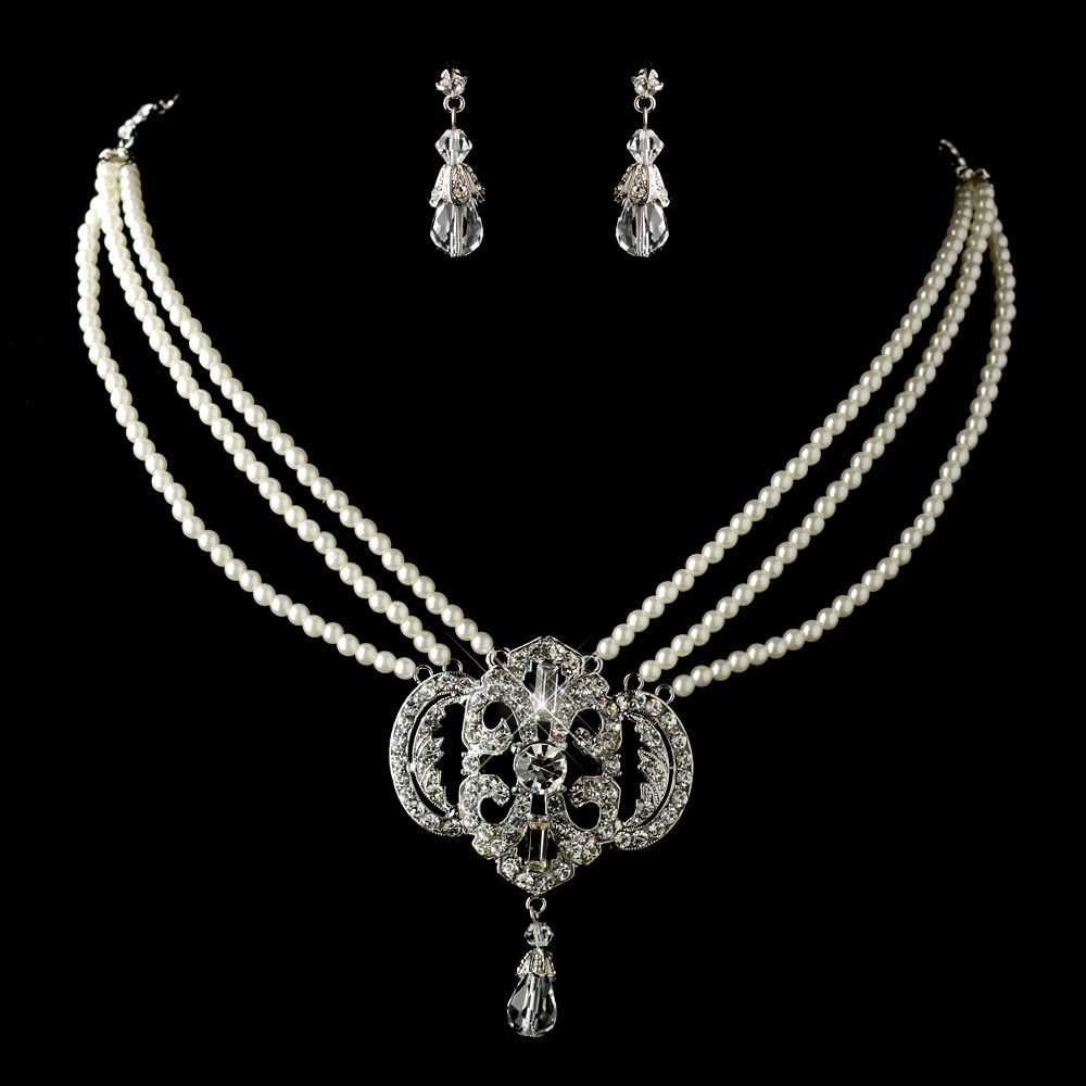 Silver Ivory Pearl &amp; Rhinestone Necklace &amp; Earrings Jewelry Set