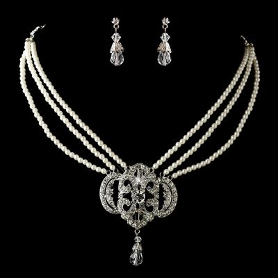 Silver Ivory Pearl &amp; Rhinestone Necklace &amp; Earrings Jewelry Set