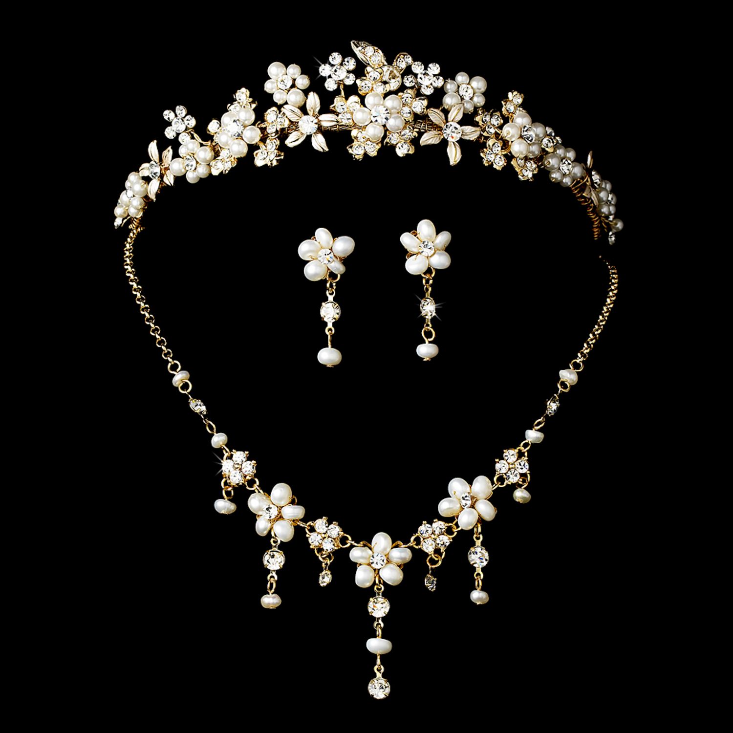 Swarovski Crystal, Gold &amp; Pearl Bridal Tiara Set