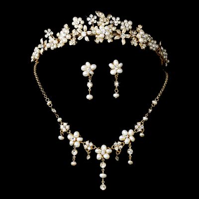 Swarovski Crystal, Gold &amp; Pearl Bridal Tiara Set