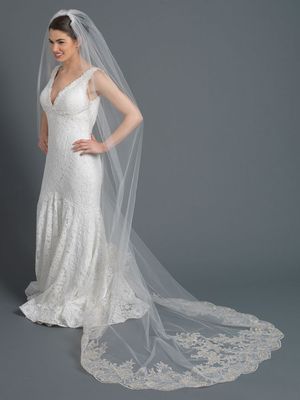 Cathedral Length Floral Scalloped Embroidery Accents Veil