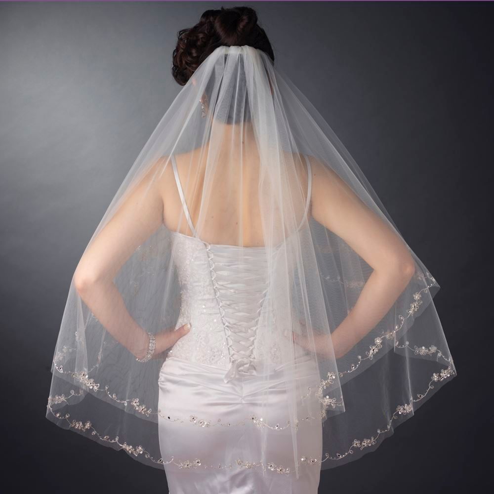 Double Layer Length Embroidered Flowers, Beads &amp; Sequins Veil