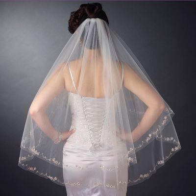 Double Layer Length Embroidered Flowers, Beads &amp; Sequins Veil