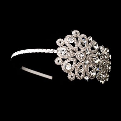 Vintage Floral Crystal Covered Headpiece with Side Accent in Rhodium Silver