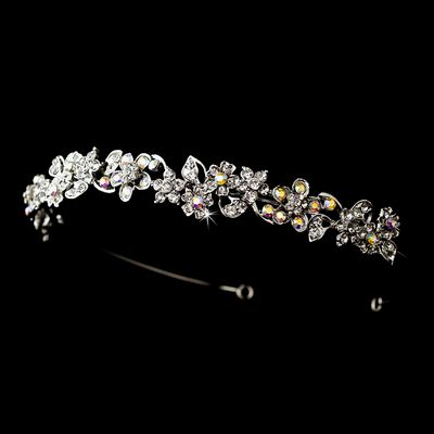 Charming Antique Silver Flower Headpiece w/ Clear &amp; AB Crystals &amp; Earring Set
