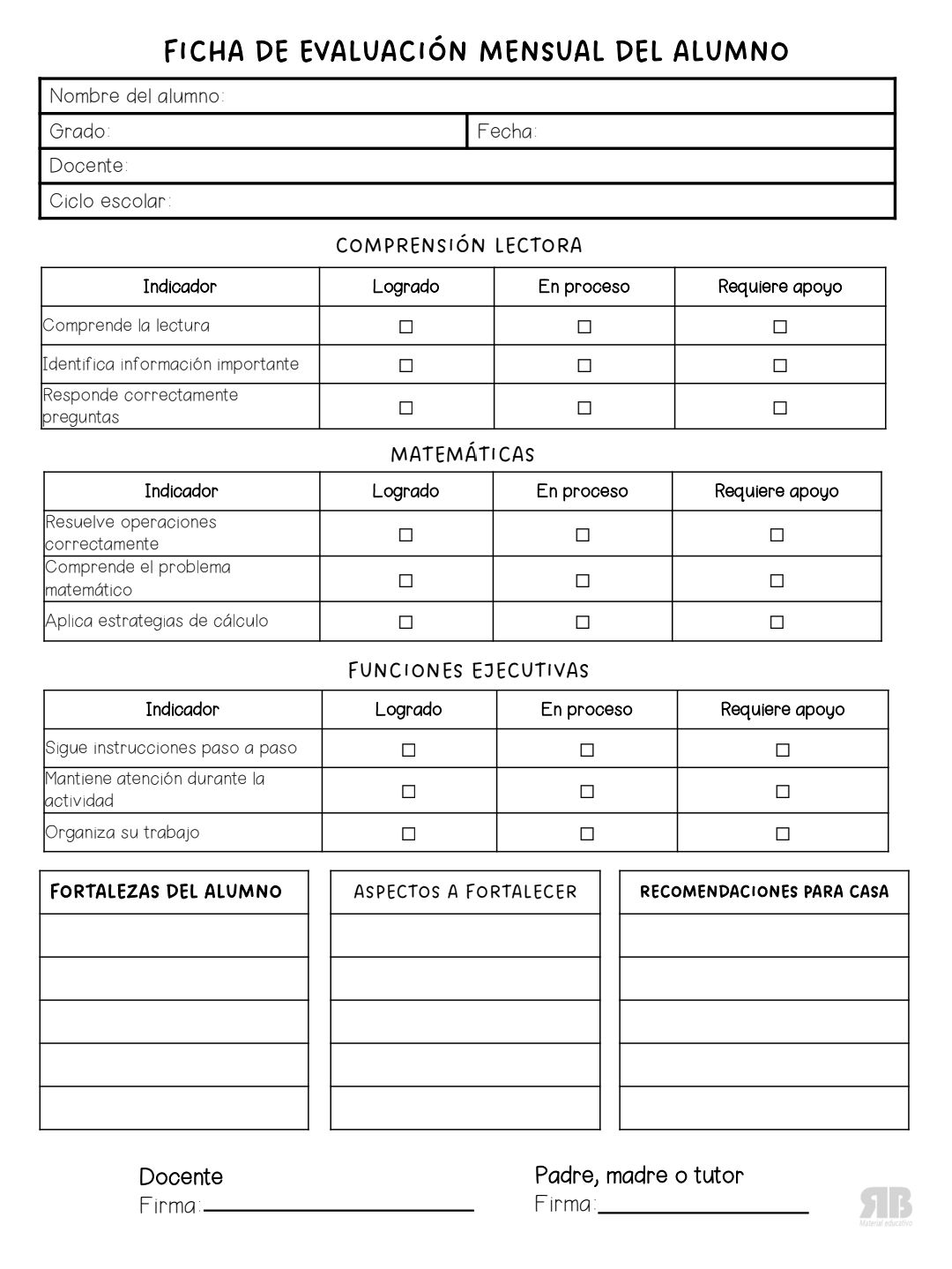 FICHA DE EVALUACIÓN MENSUAL DEL ALUMNO