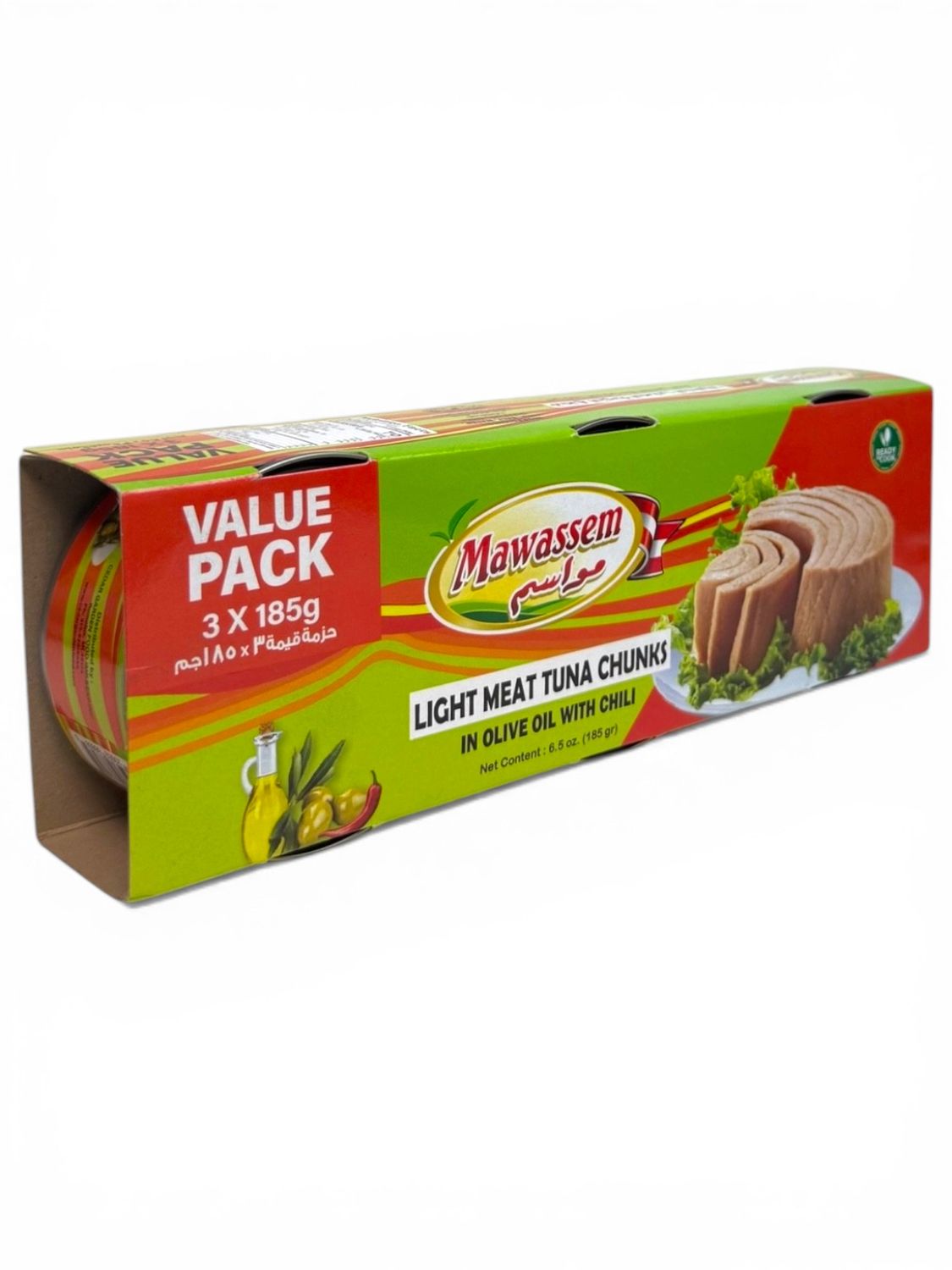 Mawassem Light Meat Tuna Chunks In Olive Oil With Chili (Family Size) 3x185g (24 Pack)