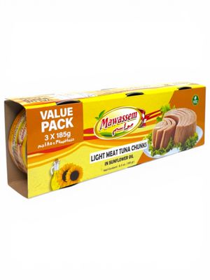 Mawassem Light Meat Tuna Chunks In Sunflower Oil (Family Size) 3x185g (24 Pack)