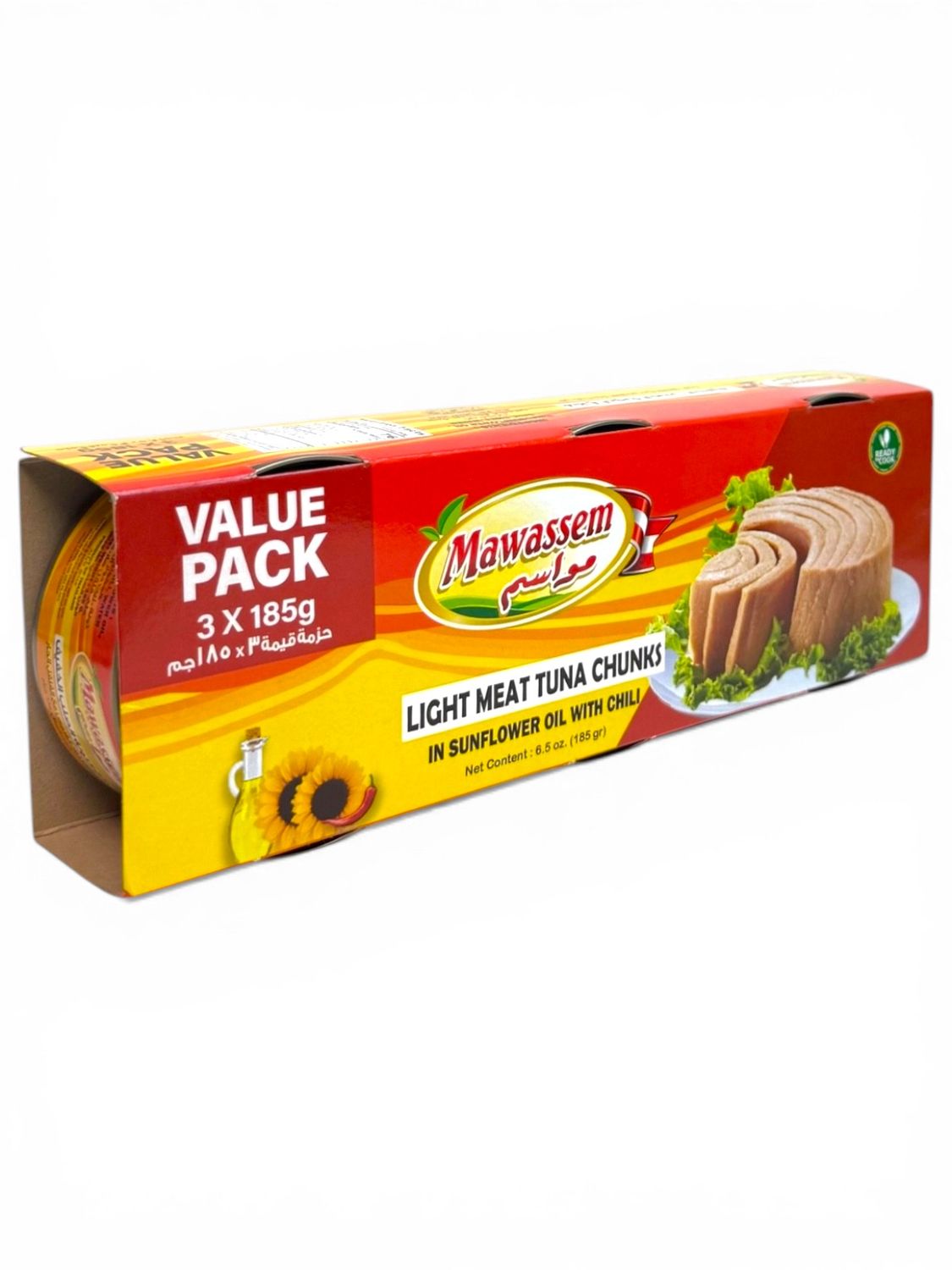 Mawassem Light Meat Tuna Chunks In Sunflower Oil With Chili (Family Size) 3x185g (24 Pack)