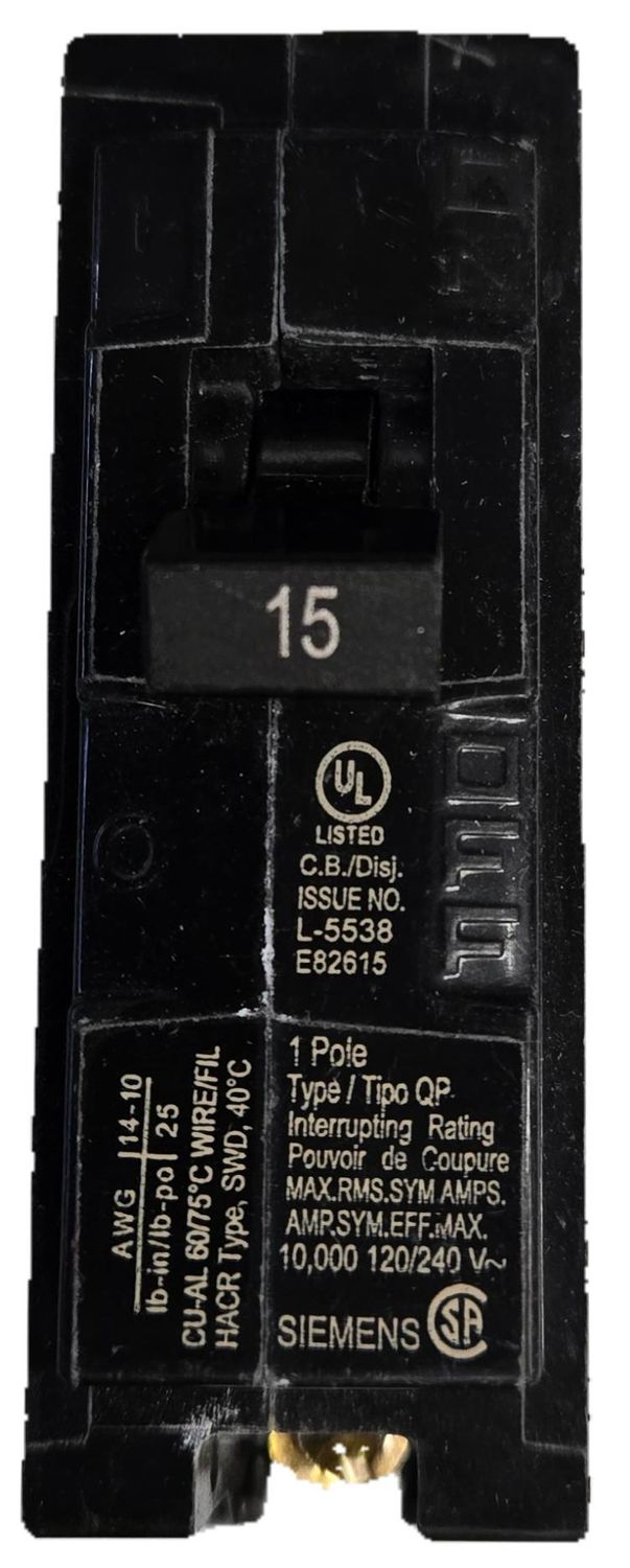 120/240 Vac Circuit Breaker 15 Amp - Fits To Load Center - Single Lug Terminal - Single Pole - Manual Reset