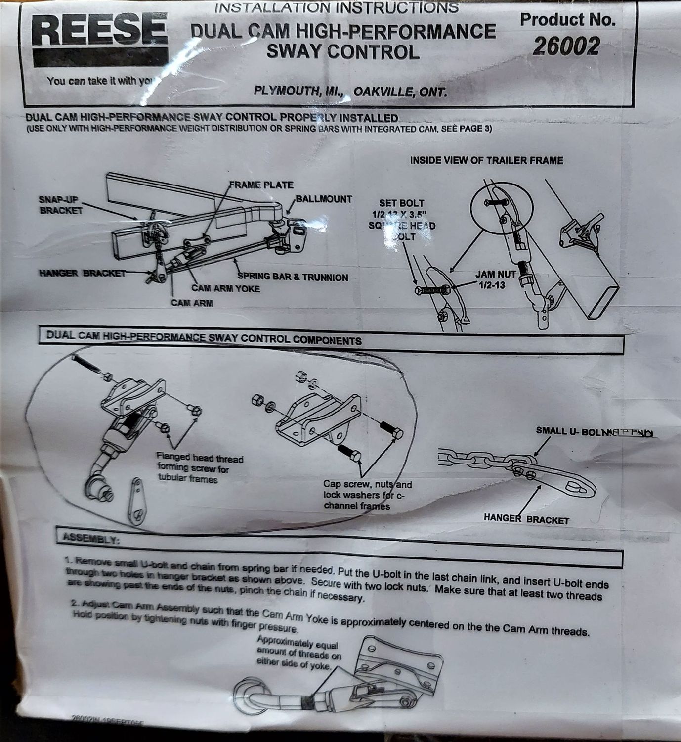 Reese Dual Cam Weight Distribution - Sway Control - PN 26002