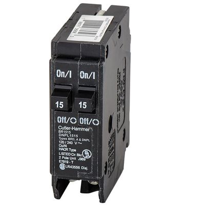 120/240 Vac Circuit Breaker 15/15 Amp Duplex Breaker - Fits To Load Center - Lug Terminal Two 1 Pole - Manual Reset