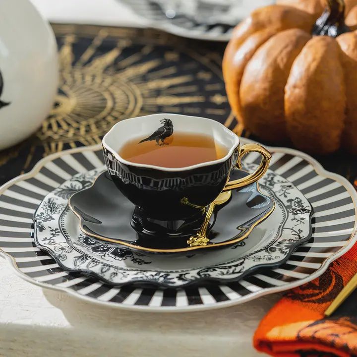Raven Black Gold 7.5oz Tea Cup and Saucer
