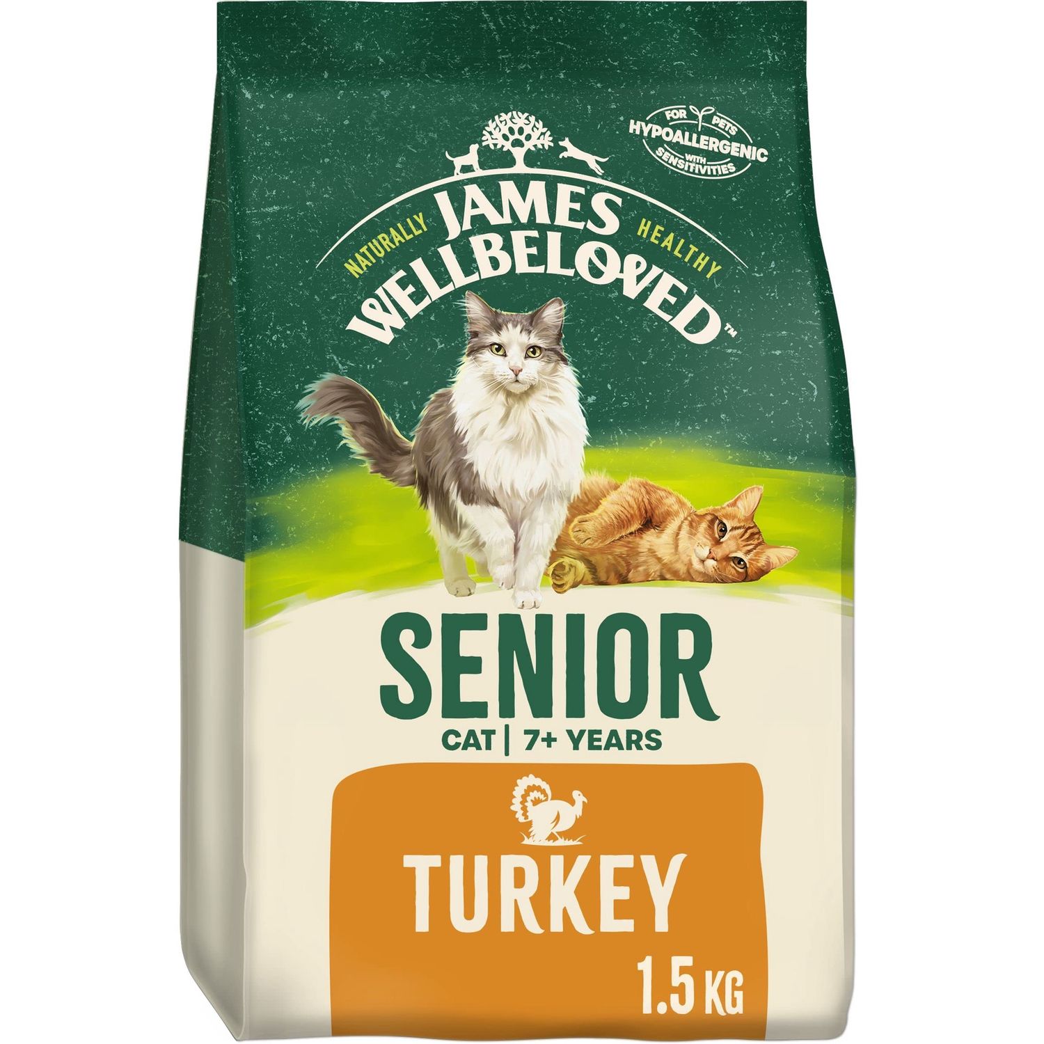 JAMES WELLBELOVED SENIOR DRY CAT FOODS, OPTIONS: JAMES WELLBELOVED SENIOR CAT TURKEY &amp; RICE 1.5KG