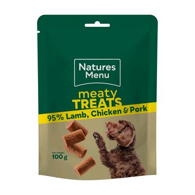 NATURES MENU DOG LAMB, CHICKEN &amp; PORK TREATS 100g