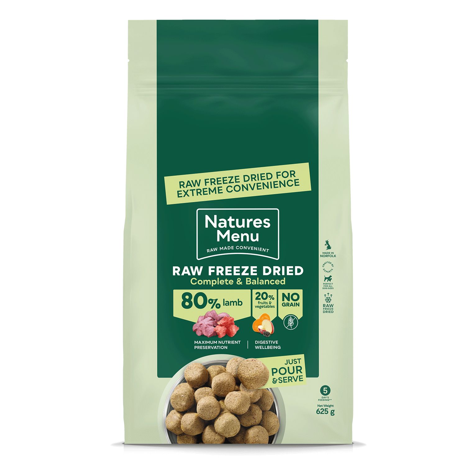 NATURES MENU DOG FREEZE DRIED COMPLETE &amp; BALANCED 80/20 625G (LAMB)