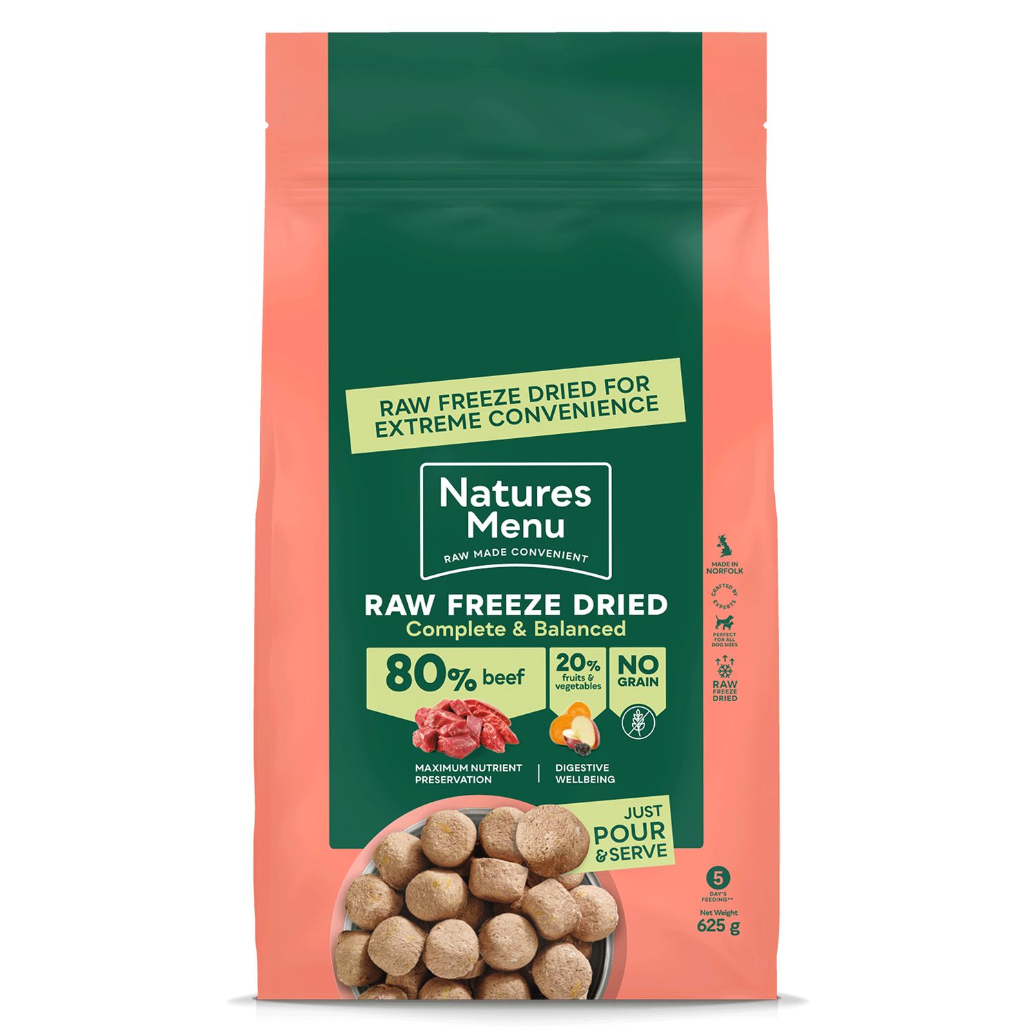 NATURES MENU DOG FREEZE DRIED COMPLETE &amp; BALANCED 80/20 625G (BEEF)