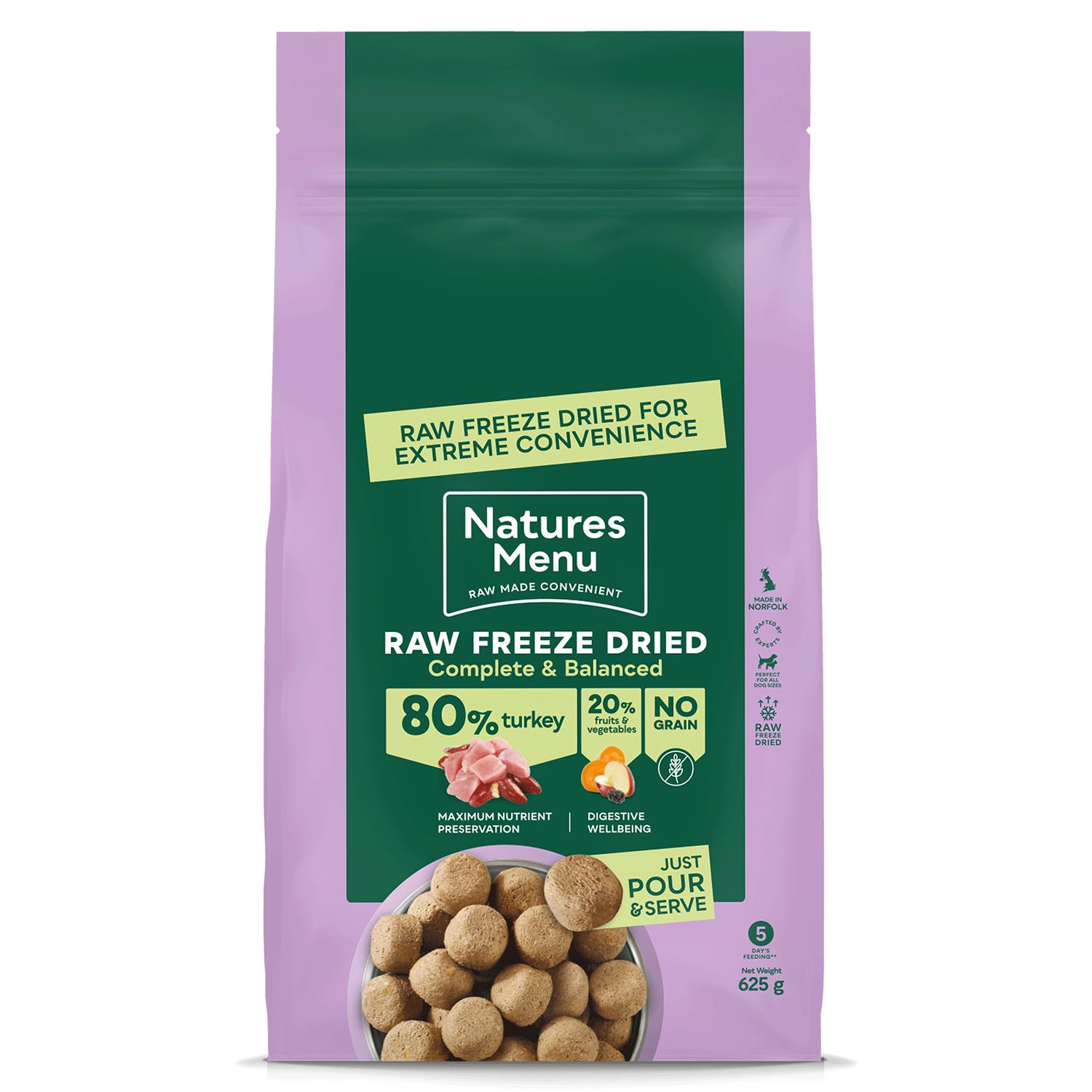 NATURES MENU DOG FREEZE DRIED COMPLETE &amp; BALANCED 80/20 625G (TURKEY)