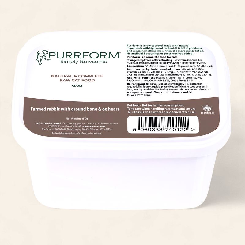 PURRFORM RAW CAT FOOD 450G (FARMED RABBIT WITH GROUND BONE &amp; OX HEART)