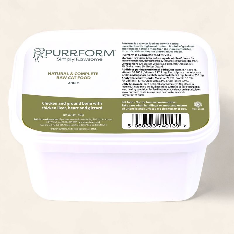 PURRFORM RAW CAT FOOD 450G (CHICKEN WITH GROUND BONE, LIVER, HEART &amp; GIZZARD)