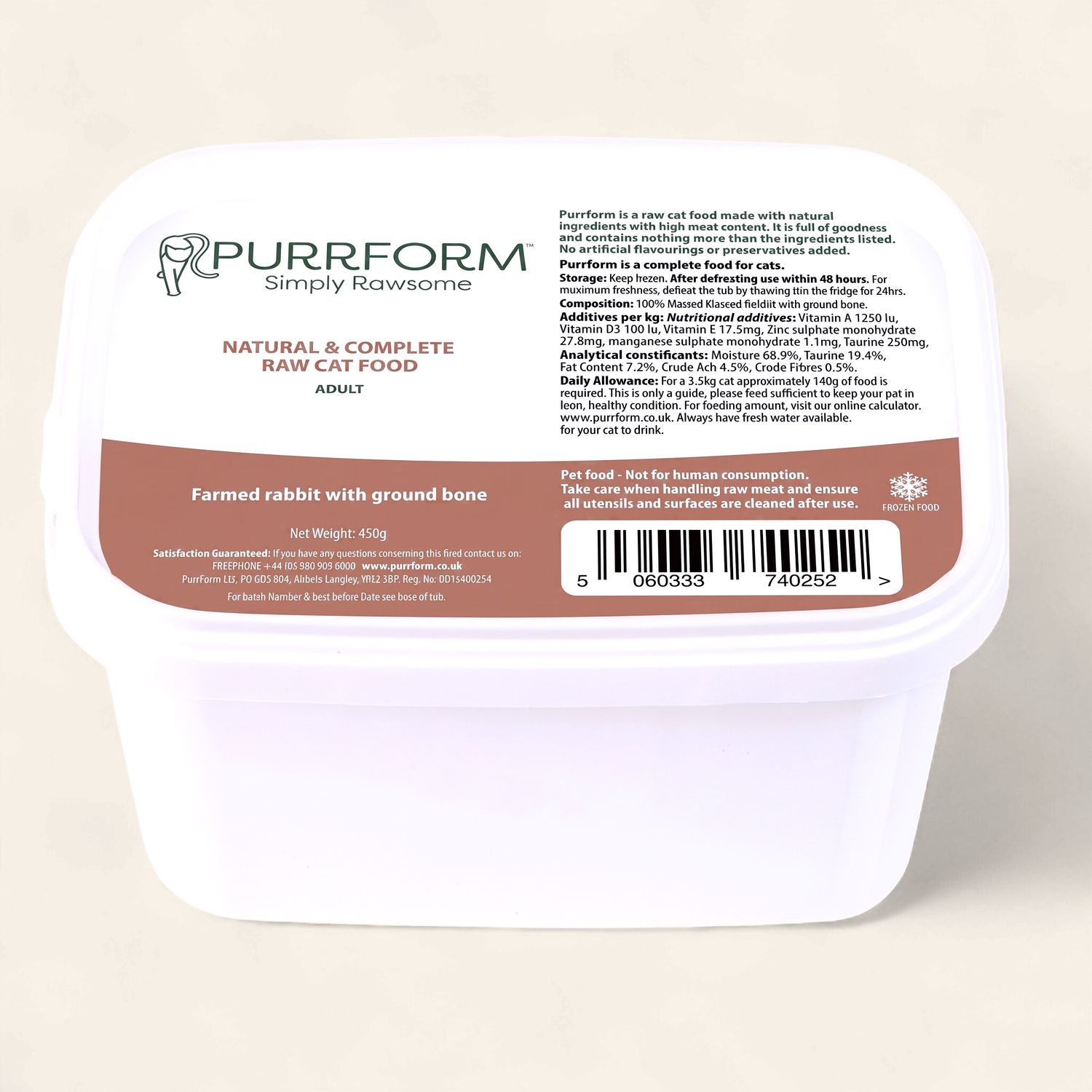 PURRFORM RAW CAT FOOD 450G  (FARMED RABBIT WITH GROUND BONE)