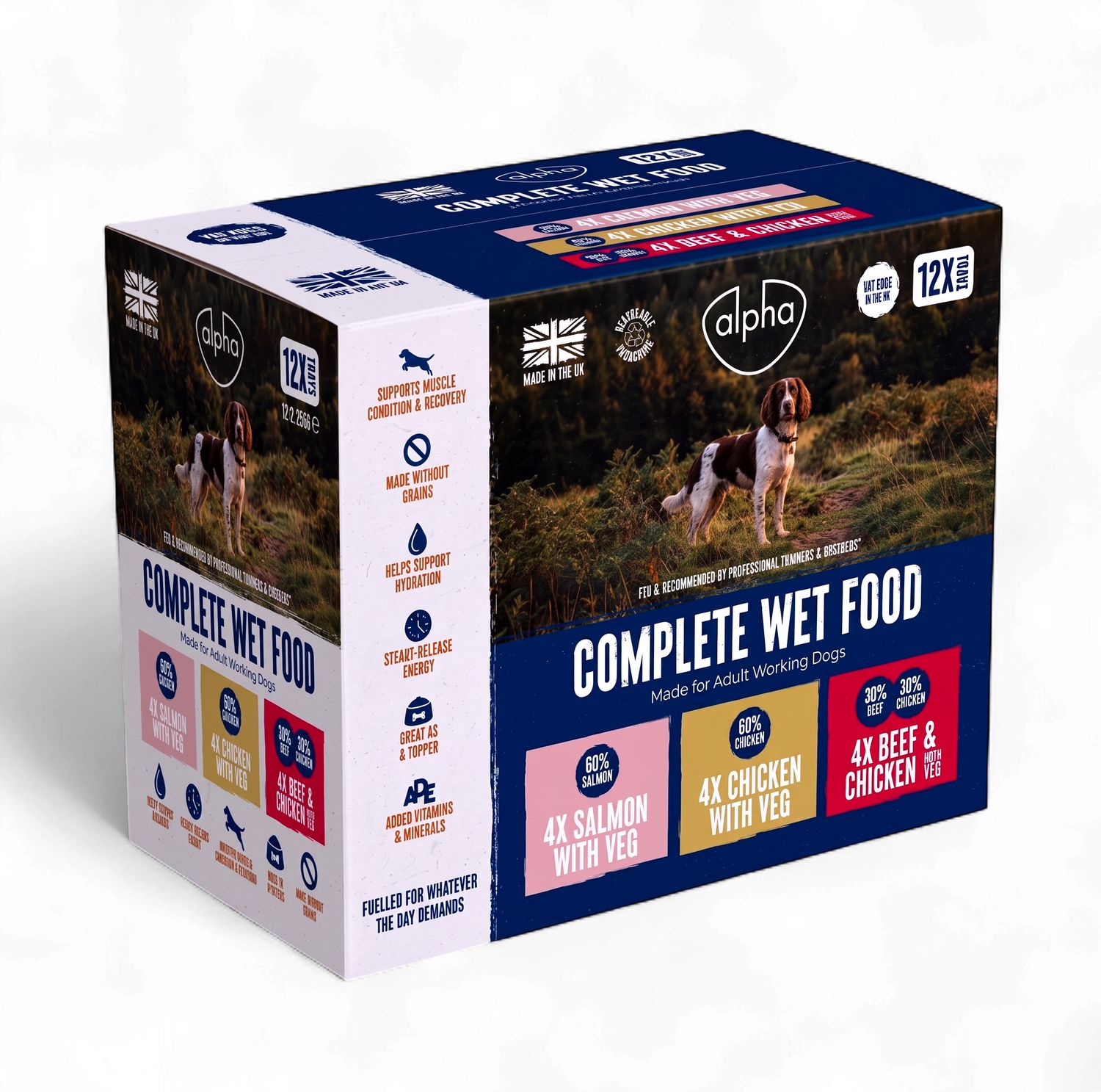 ALPHA WORKING DOG WET FOOD VARIETY 12 X 395G (SALMON WITH VEG, LAMB WITH VEG, CHICKEN WITH VEG)