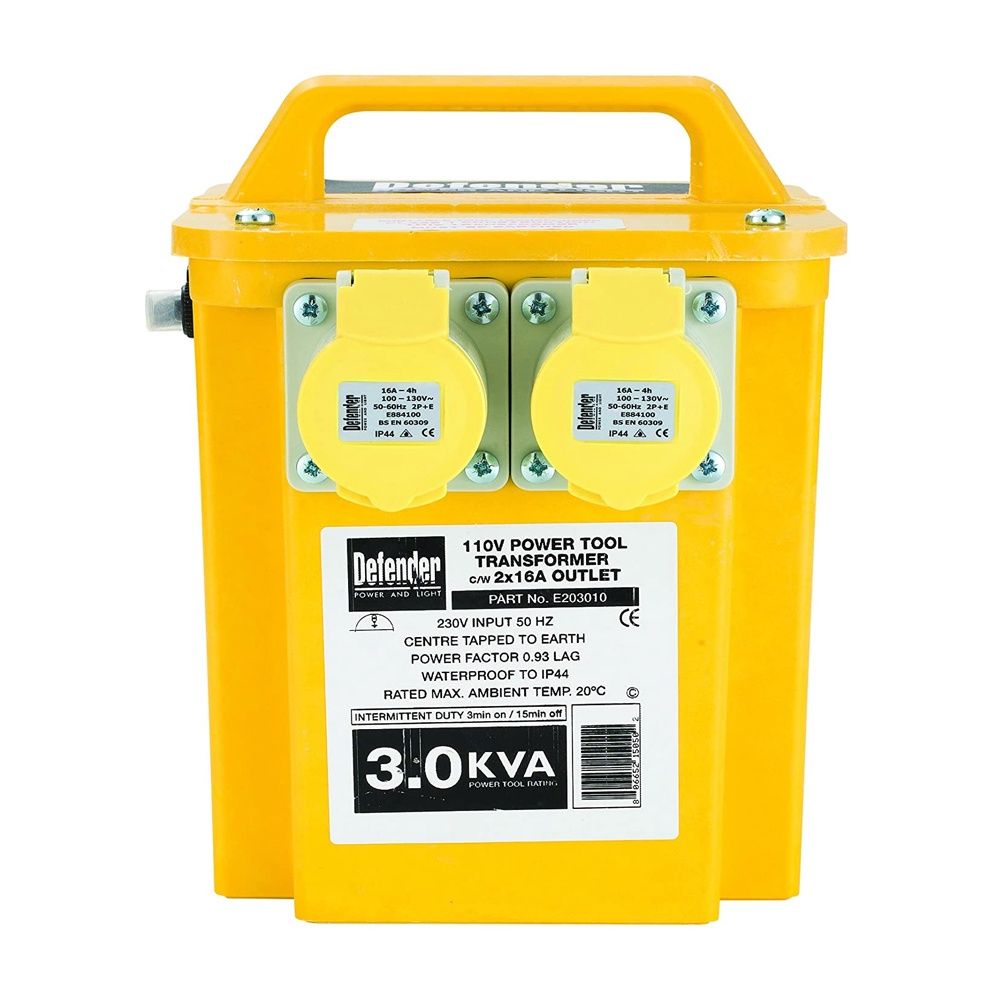 Defender E203010 3kVA 16A 2 Socket Site Portable Transformer 110V