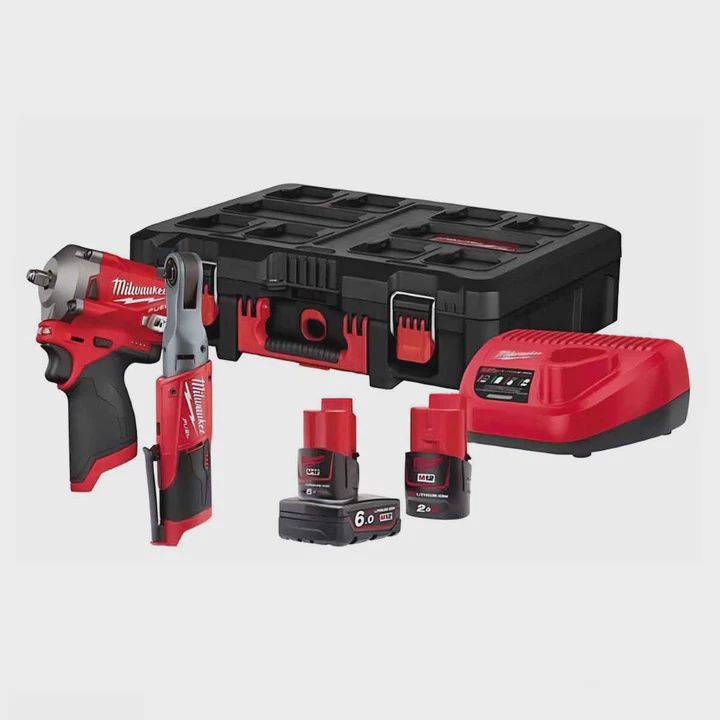 Milwaukee M12FPP2H-622P 12V Fuel Brushless 3/8&quot; Impact Wrench and Ratchet with 2 x Battery Charge &amp; Case 4933471743