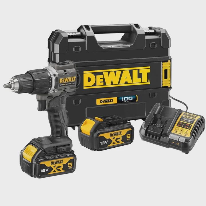 Dewalt DCD100P2T-GB 18V XR Brushless Limited Edition 100 Year Combi Drill with 2 x 5.0Ah Batteries Charger &amp; TSTAK Case
