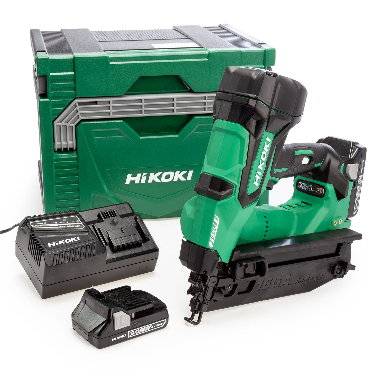 HiKOKI NT1865DMBJXZ 18V 16GA Brushless Second Fix Angled Finish Nailer with 2 x 3.0Ah Battery &amp; Charger