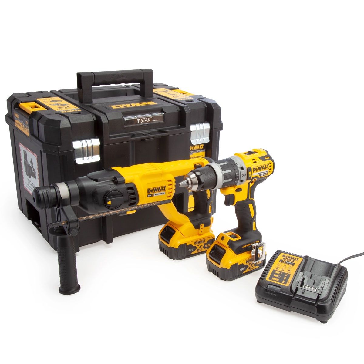 Dewalt DCK2071P2T 18V SDS Plus Hammer Drill &amp; Combi Drill with 2 x 5.0Ah Battery Charger In Case