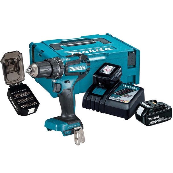 Makita DHP485TJX8 18V LXT Brushless Combi Drill with 2 x 5.0Ah Batteries Charger Case &amp; Bit Set