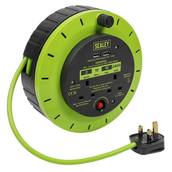 Sealey BCR10G 10m Cassette Type Cable Reel Green with Thermal Trip 2 x 230V and 2 x USB