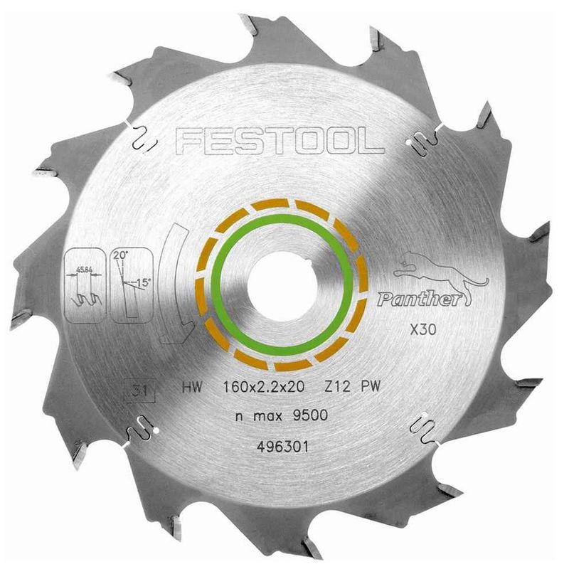 Festool 160mm x 20mm x 12T Panther Saw Blade for TS55 Plunge Saw 496301