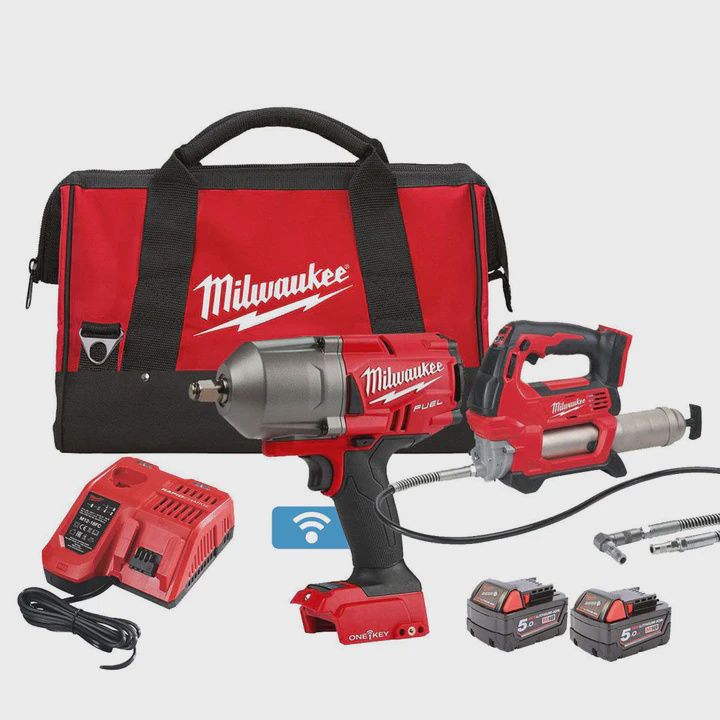 Milwaukee M18ONEPP2Q-502B 18V Fuel ONE-KEY Brushless Impact Wrench &amp; Grease Gun with 2 x 5.0Ah Batteries Charger &amp; Bag 4933480467