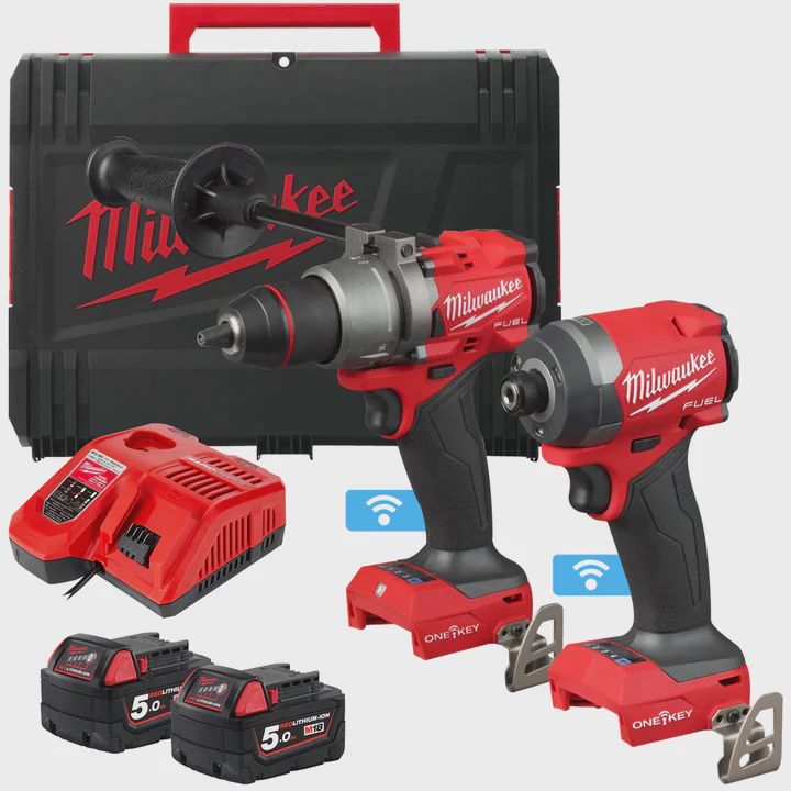 Milwaukee M18ONEPP2A3-502X 18V Fuel Brushless Combi Drill &amp; Impact Driver with 2 x 5.0Ah Batteries Charger &amp; Case 4933493245