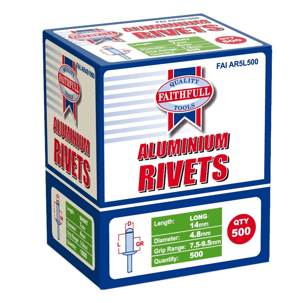 Faithful Aluminium Rivets 4.8 x 14mm Long Bulk Pack of 500 FAIAR5L500