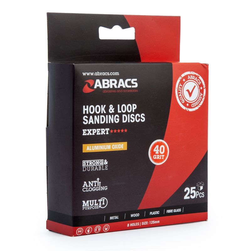Abracs 125mm 8 Holes Hook & Loop Sanding Discs 40G Pack of 25 ABHL8125040