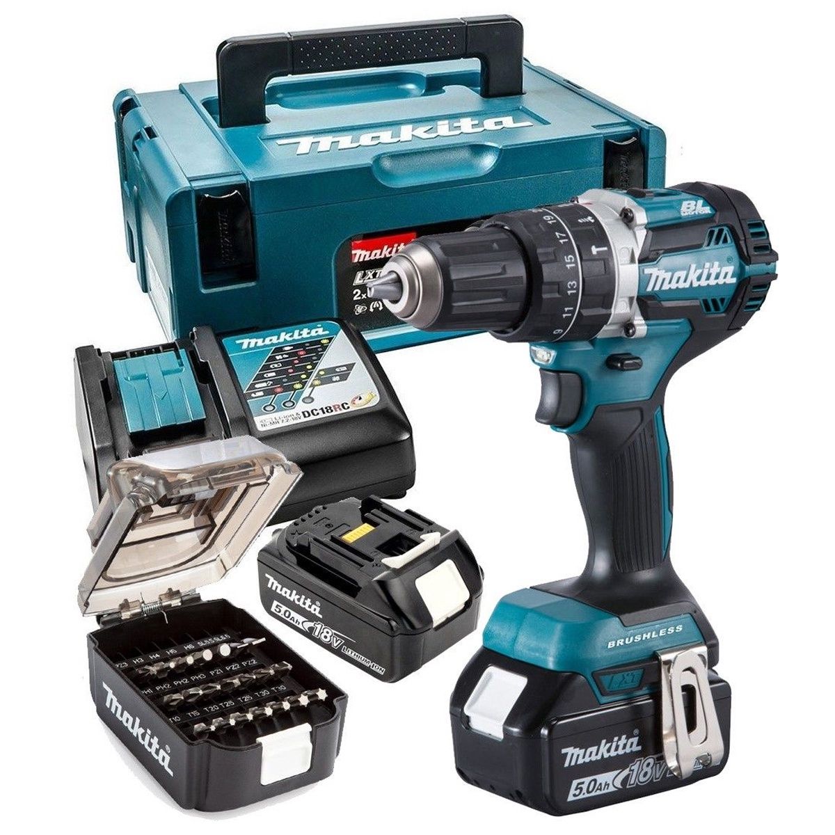 Makita DHP484TJX9 18V LXT Combi Drill With 2 x 5.0Ah Batteries Charger &amp; B-68323 Bit Set In Case