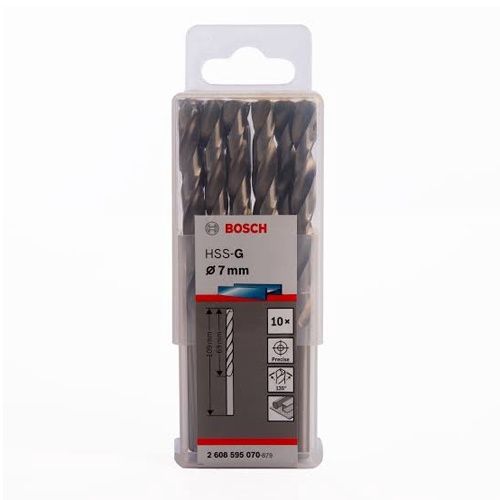 Bosch 7mm HSS-G Drill Bits for Metal 69mm Working Length (10pk) 2608595070