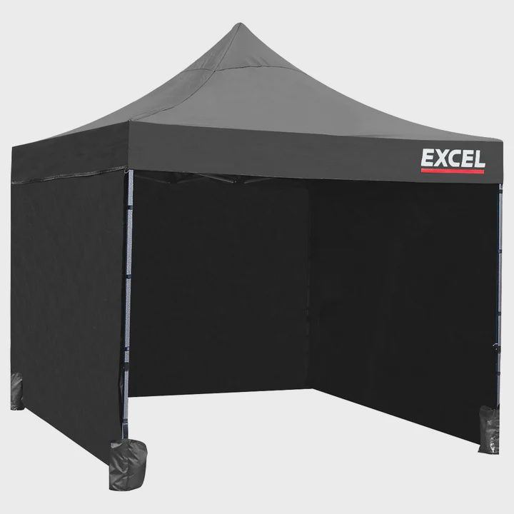 Excel Steel Gazebo 3m x 3m Black with Wheel Bag, Wall panel, Sand Bag, Rope &amp; Pegs