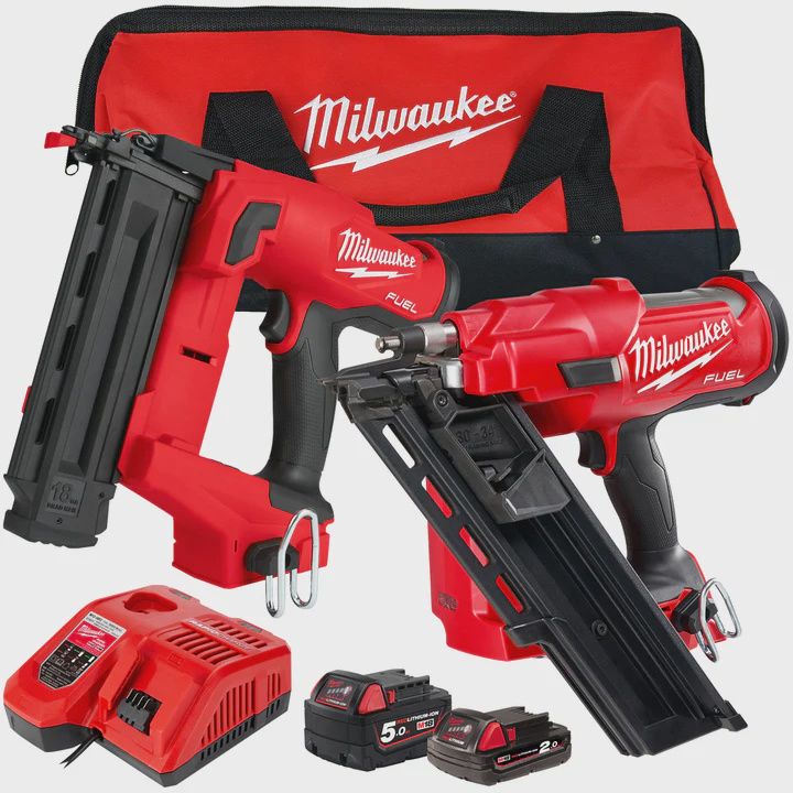 Milwaukee 18V M18 FPP2AR-522B Fuel Twin Pack Nailer with 1 x 5.0Ah &amp; 2.0Ah Battery &amp; Charger