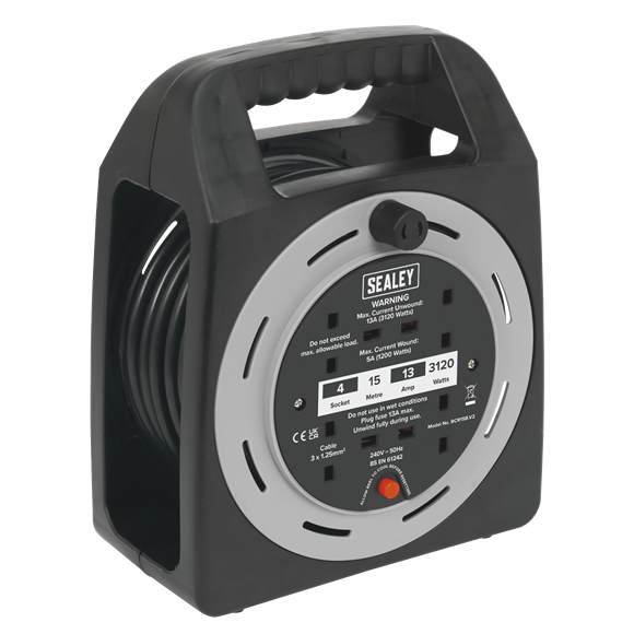 Sealey BCR15CB 15m Box Type Cable Reel 4 x 230V Thermal Trip