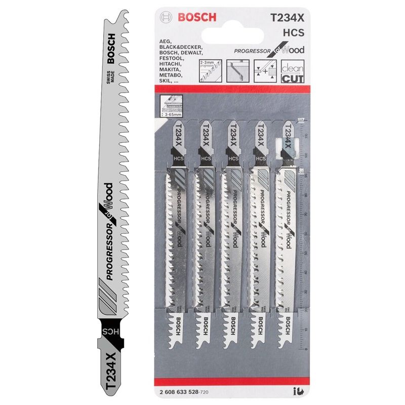 Bosch 117mm Jigsaw Blades For Wood Clean Cut T234X Pack of 5 2608633528