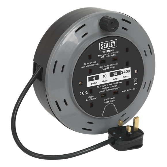 Sealey BCR10B 10m Cassette Type Cable Reel with Thermal Trip 4 x 230V